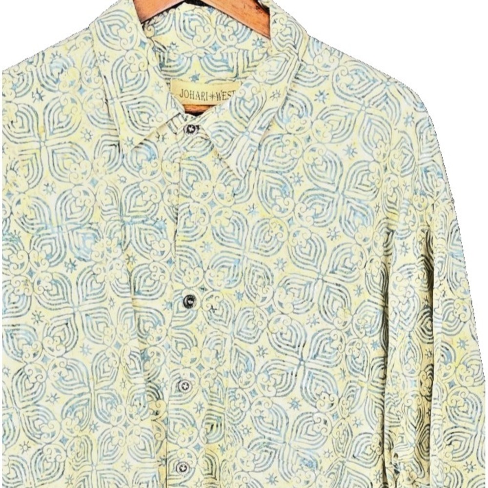 Johari West Batik Hawaiian Short Sleeve Button Shirt 4XL Blue Yellow Cotton